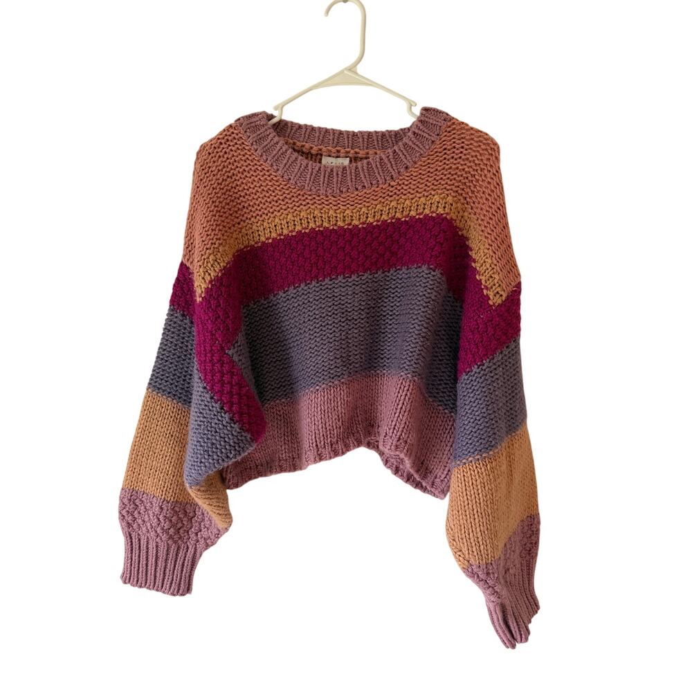 Le Lis Pretty Warm Tones Striped Crewneck Cropped Knit Sweater Size Large 90s